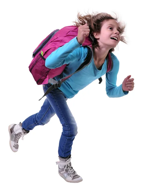 Happy schoolgirl or traveler exercising and jumping — Stock Photo, Image