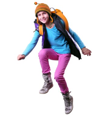 mutlu kız öğrenci veya egzersiz, koşma ve atlama traveler