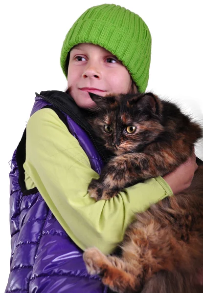 Cute blond girl with a cat — Stock Photo, Image