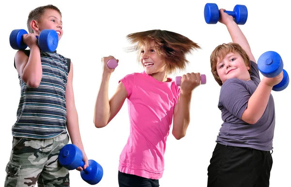 Isolated portrait of children exercising with dumbbells — Stock Photo, Image