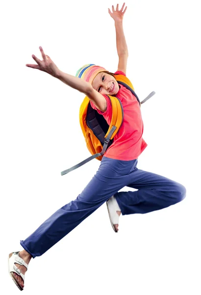 Lycklig skolflicka eller resenären utövar, springa och hoppa — Stockfoto