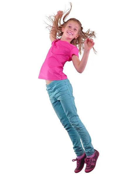 Bonita chica saltando y bailando sobre blanco — Foto de Stock