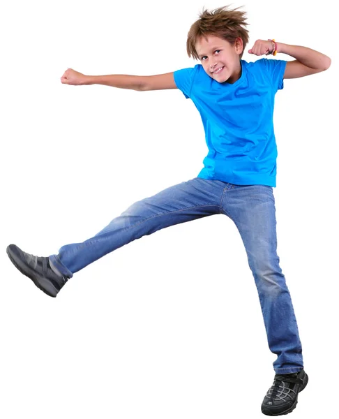 Cute elementary boy  jumping and dancing over white — Stock Photo, Image