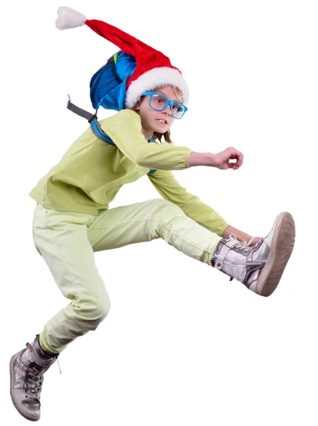 Happy Christmas Santa girl or traveler running, jumping and hurrying up — Stock Photo, Image