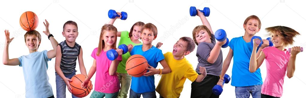 Team of sportive kids friends with dumbbells and ball