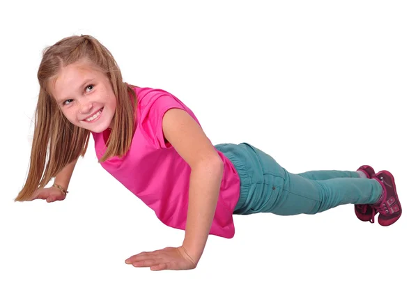 Isoliertes Porträt eines Mädchens, das Übungen macht — Stockfoto