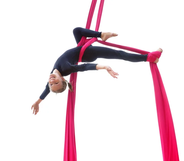 Cheerful child training on aerial silks — Stock Photo, Image