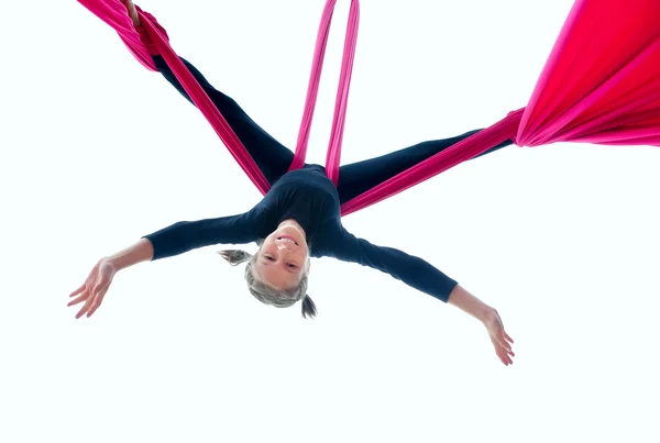 Cheerful child training on aerial silks — Stock Photo, Image