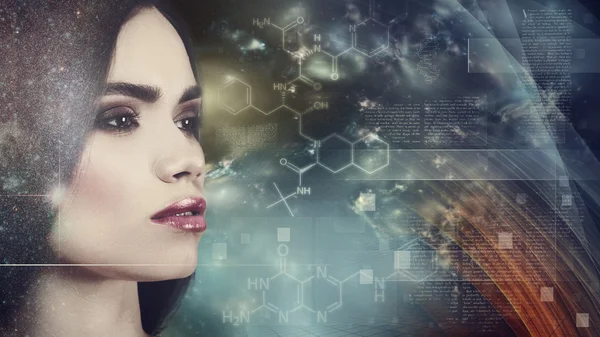 Female portrait over science background — Stock Photo, Image