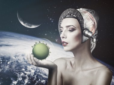Cyborg woman holding green planet clipart