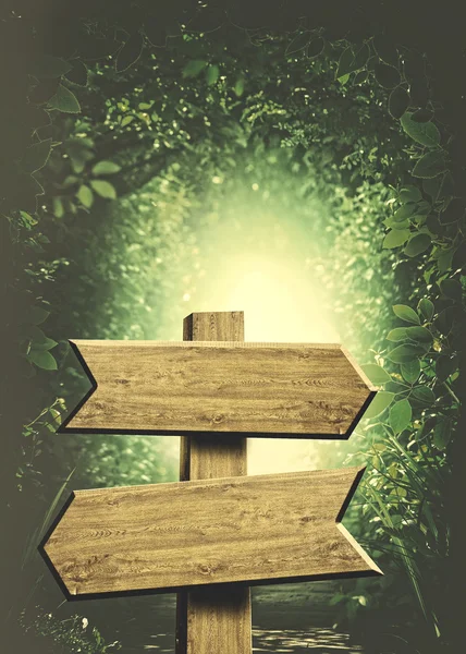 Деревянный знак над туннелем в лесу — стоковое фото