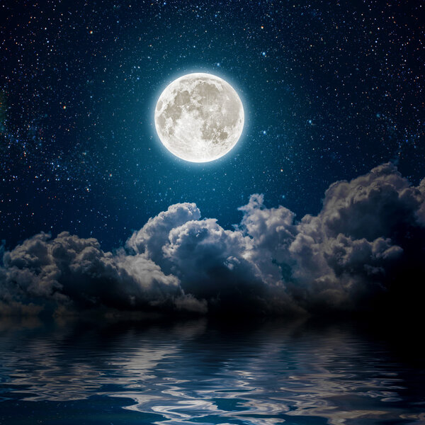 Moon on a background star sky reflected in the sea. Elements of this image furnished by NASA