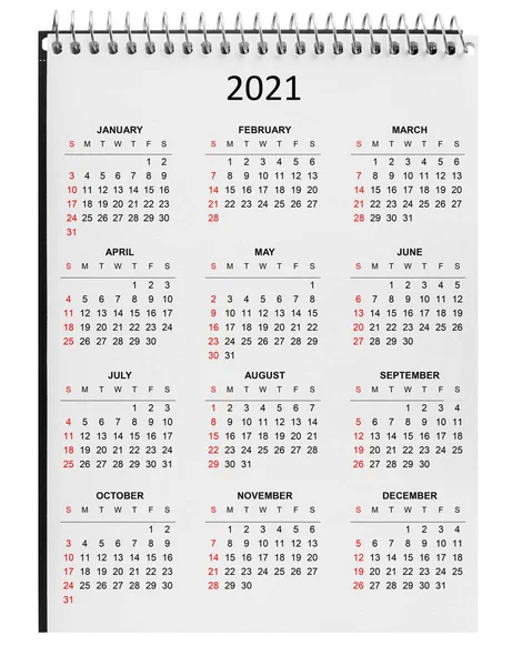 Calendar Pentru 2021 Hârtie Spirală Notebook Izolat Fundaluri Albe — Fotografie, imagine de stoc