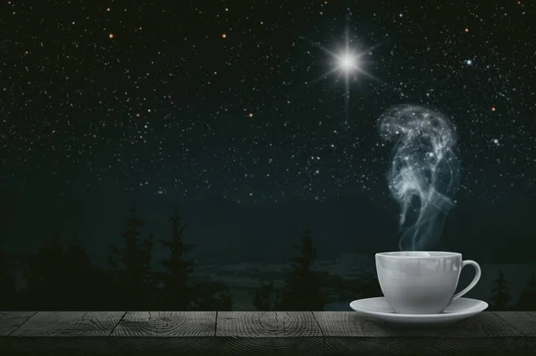 hot coffee on the table on a night background