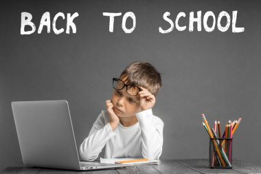 Çocuk okulda uzaktan öğrenim görüyor. Okula geri dön.