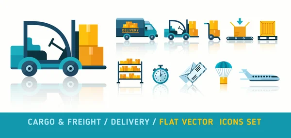 Vracht levering goederenvervoer en logistieke plat pictogrammen — Stockvector