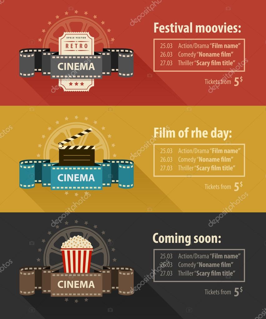 Retro cinema banners posters flyers templates flat design. Eps10 vector illustration. Isolated on white background