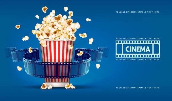 Popcorn for movie theater and cinema reel on blue background — Stock Vector