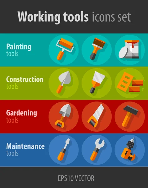 建設およびメンテナンス フラット アイコンのツールをワーキング セット — ストックベクタ