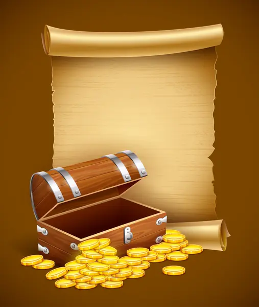 Tesouros do pirata no porta-malas e script antigo — Vetor de Stock