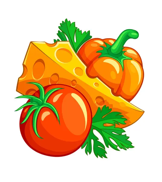 Tomaten-Paprika-Gemüse und Käse mit Petersilie — Stockvektor