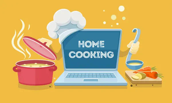 Домашня їжа приготування онлайн рецепти з ноутбуком — стоковий вектор