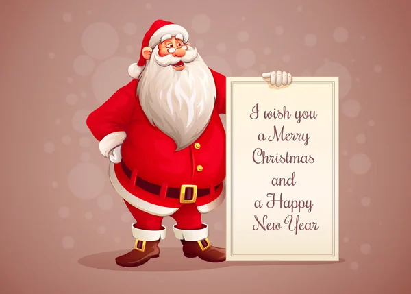 Веселого Санта-Клауса стоячи з різдвяні привітання банер в руці — стоковий вектор
