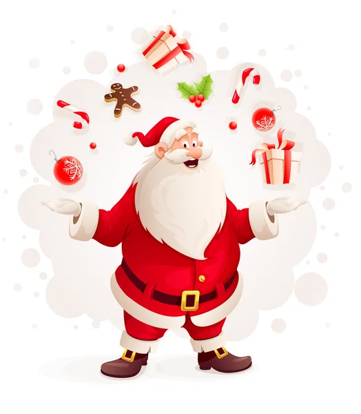 Merry Santa Claus juggles with Christmas gifts and sweets as magician — Stock Vector