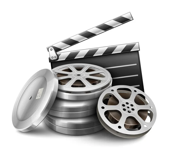 Movie film disk with tape and directors clapper for cinematography filmmaking — Stock Vector