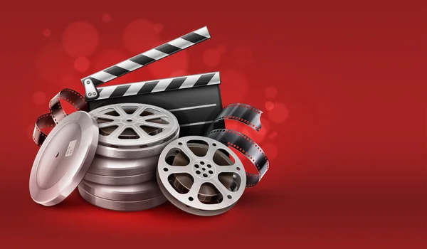 Online cinema met film tape schijven in vakken en bestuurders klepel voor filmmaken — Stockvector