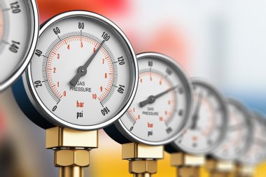 Row of industrial high pressure gas gauge meters clipart