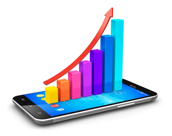 Smartphone and growing bar chart with arrow — Stock Photo, Image