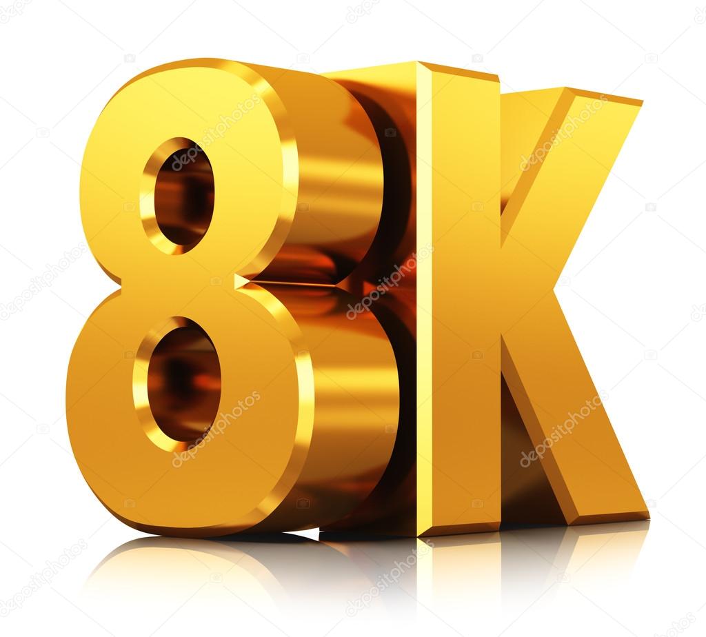 Creative abstract ultra high definition television technology concept: 3D render illustration of yellow golden 8K UltraHD screen resolution TV cinema logo sign or gold symbol icon isolated on white background with reflection effect