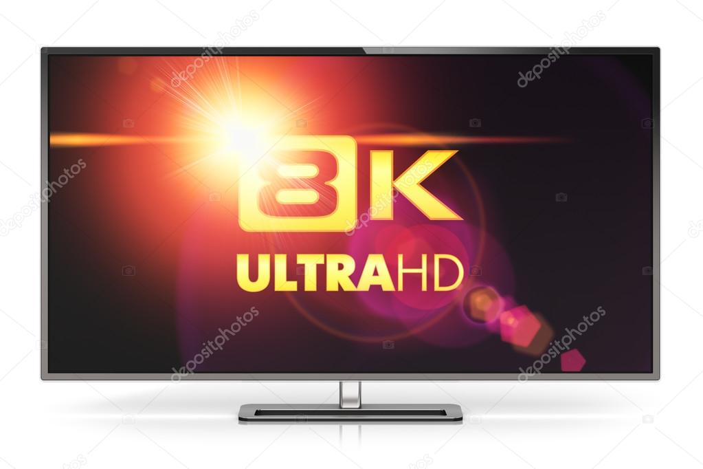 Creative abstract ultra high definition digital television screen technology concept: 3D render illustration of 8K UltraHD resolution TV cinema or computer PC monitor display isolated on white background with reflection effect
