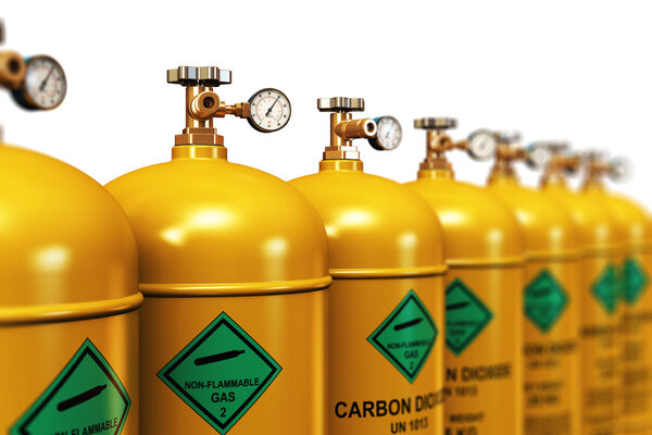 Row of liquefied carbon dioxide industrial gas containers