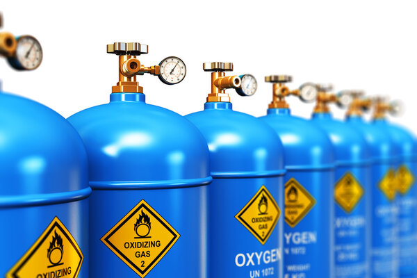 Row of liquefied oxygen industrial gas containers