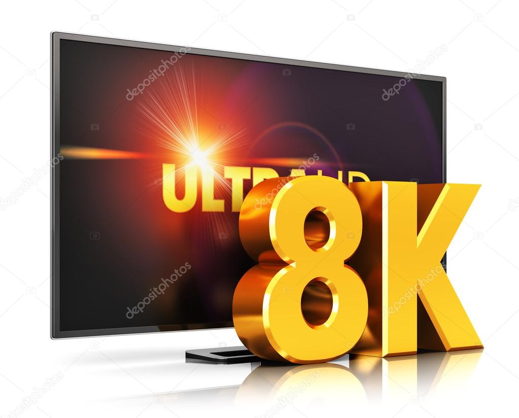 Creative abstract ultra high definition digital television screen technology concept: 3D render illustration of 8K UltraHD resolution TV cinema or computer PC monitor display isolated on white background with reflection effect