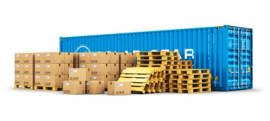40 ft cargo container and shipping pallets with cardboard boxes clipart