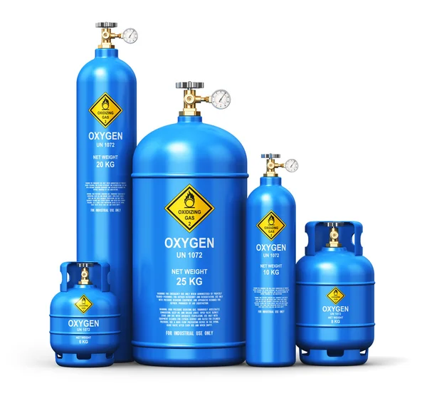 Ensemble de différents récipients de gaz industriels à oxygène liquéfié — Photo