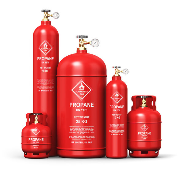 Set of different liquefied propane industrial gas containers