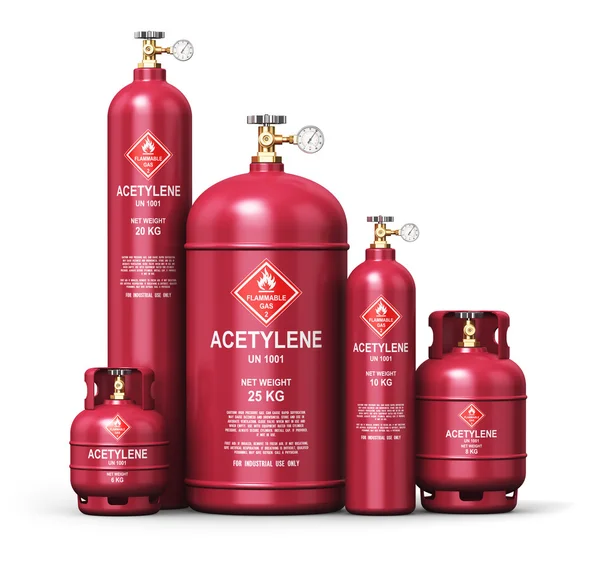 Conjunto de diferentes recipientes de gás industrial de acetileno liquefeito — Fotografia de Stock