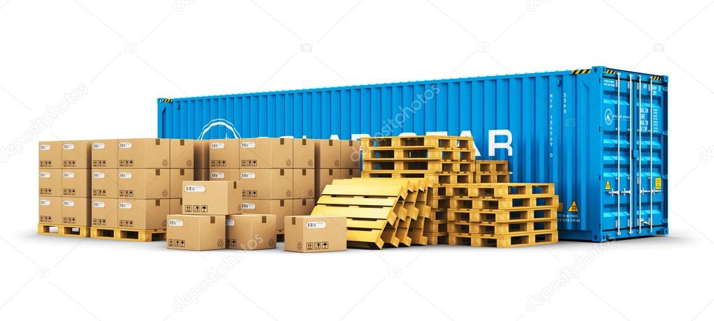 40 ft cargo container and shipping pallets with cardboard boxes