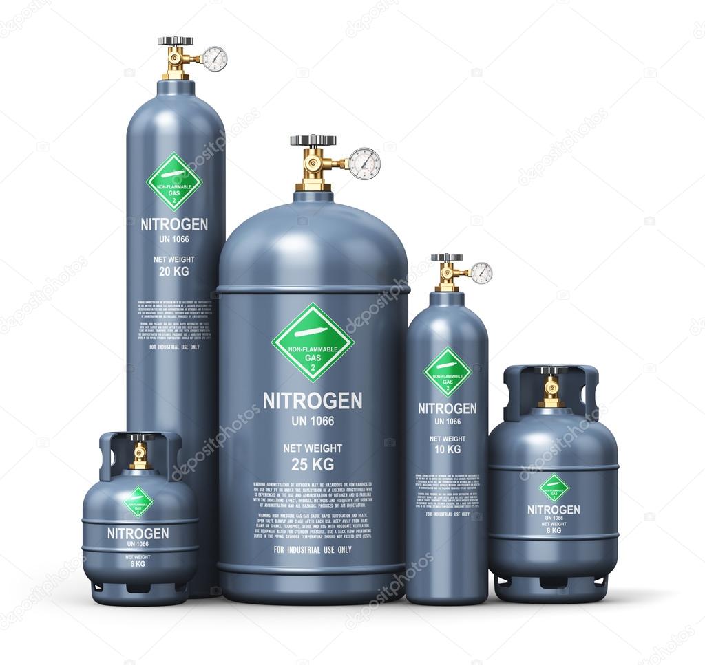 Set of different liquefied nitrogen industrial gas containers