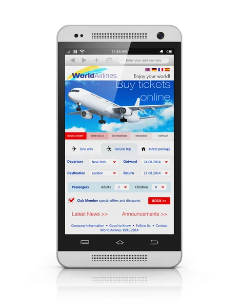 Zakup biletów lotniczych za pośrednictwem smartphone — Zdjęcie stockowe