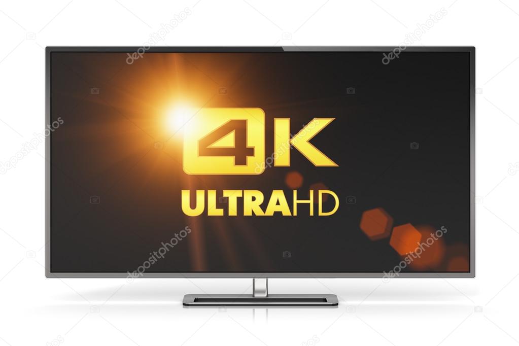 Creative abstract ultra high definition digital television screen technology concept: 4K UltraHD TV or computer PC monitor display isolated on white background with reflection effect