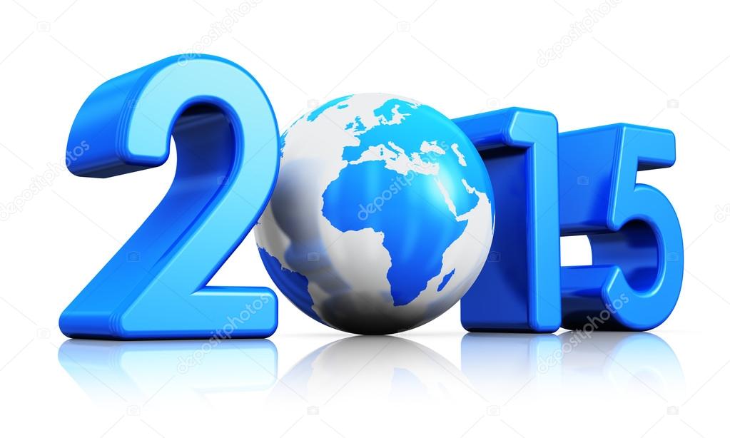 Creative abstract New Year 2015 beginning celebration concept with blue glossy Earth globe isolated on white background with reflection effect