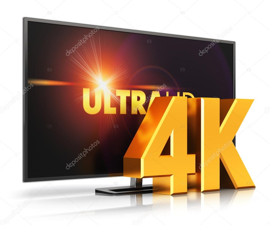 Creative abstract ultra high definition digital television screen technology concept: 4K UltraHD TV or computer PC monitor display screen isolated on white background with reflection effect