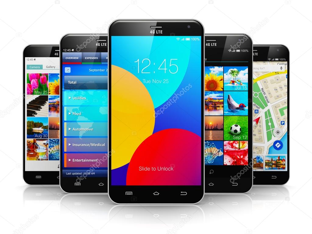 Collection of modern touchscreen smartphones