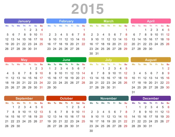 2015 jaar jaarlijkse kalender (maandag eerst, Engels) — Stockvector