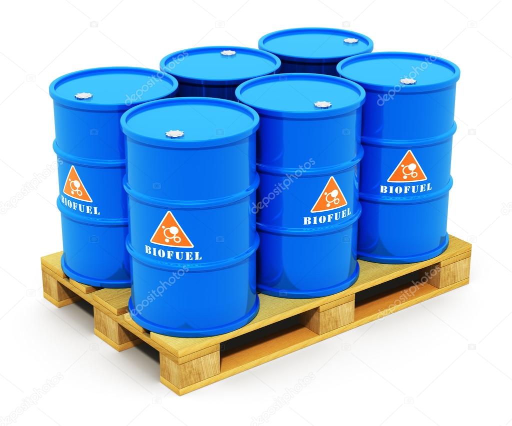 Barrels with biofuel on shipping pallet
